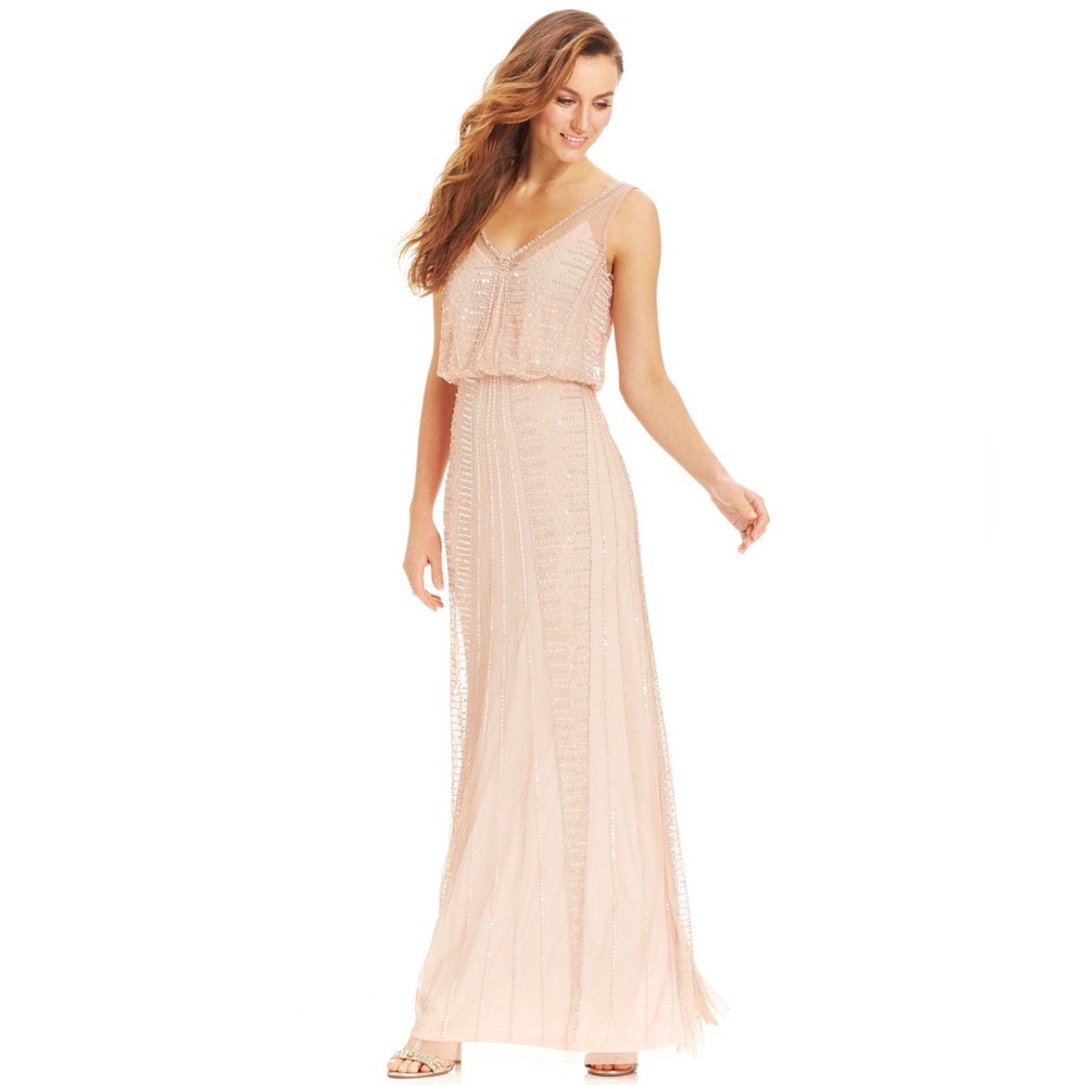 Adrianna Papell womens blush pink beaded blouson illusion dress Sz 6